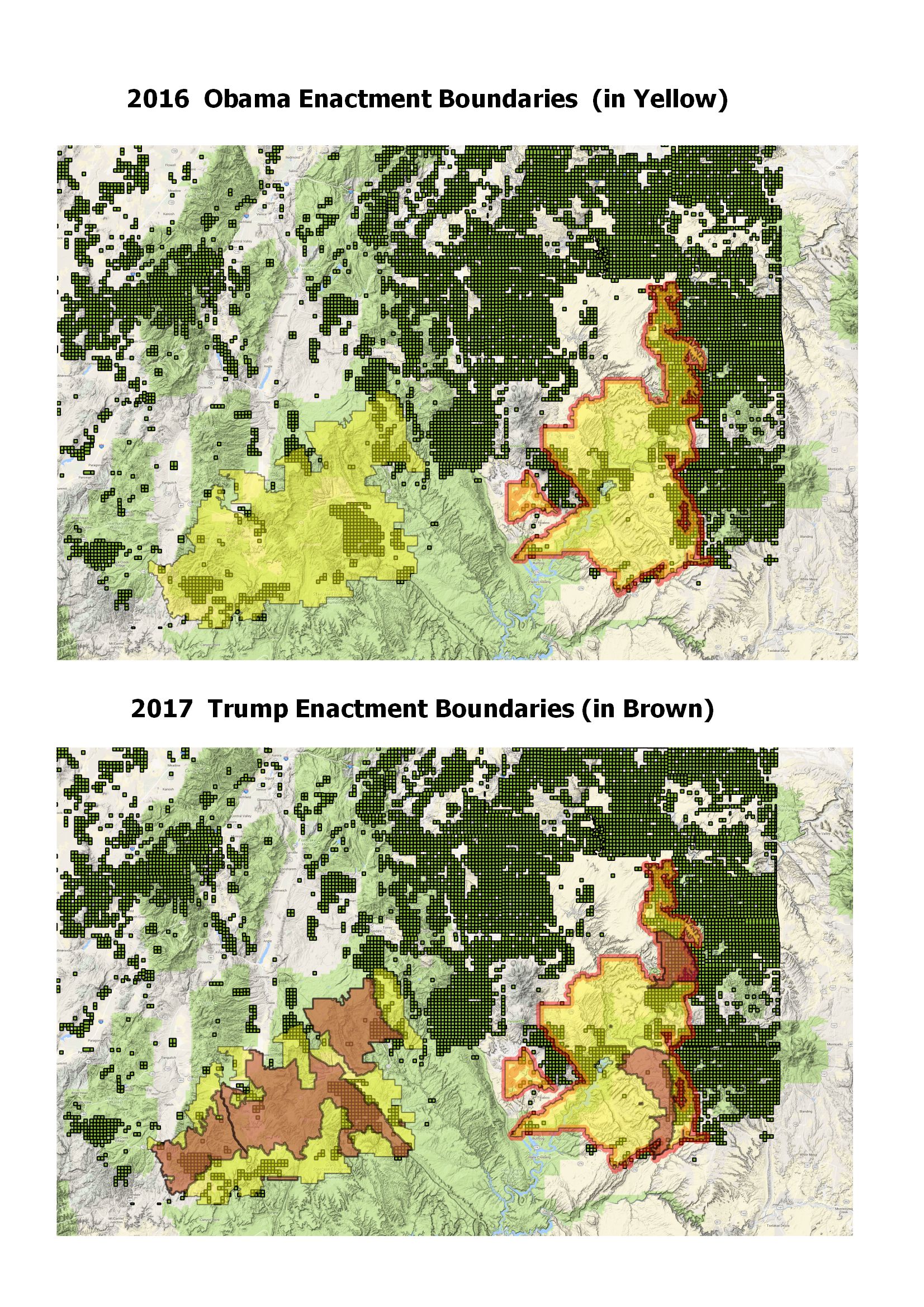 Two maps comparing the Obama 2016 boundaries with Trump 2017 boundaries