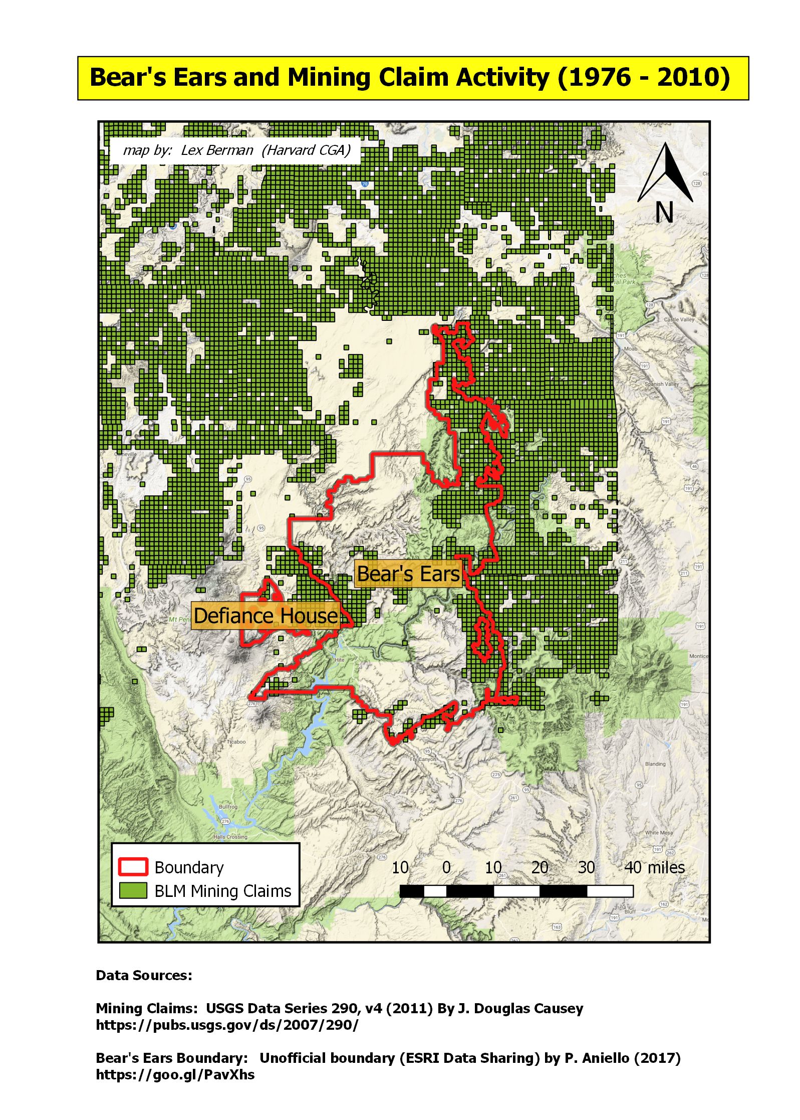 Map of the Obama designated Bears Ears Monument overlayed on mining claims from the Bureau of Land Management